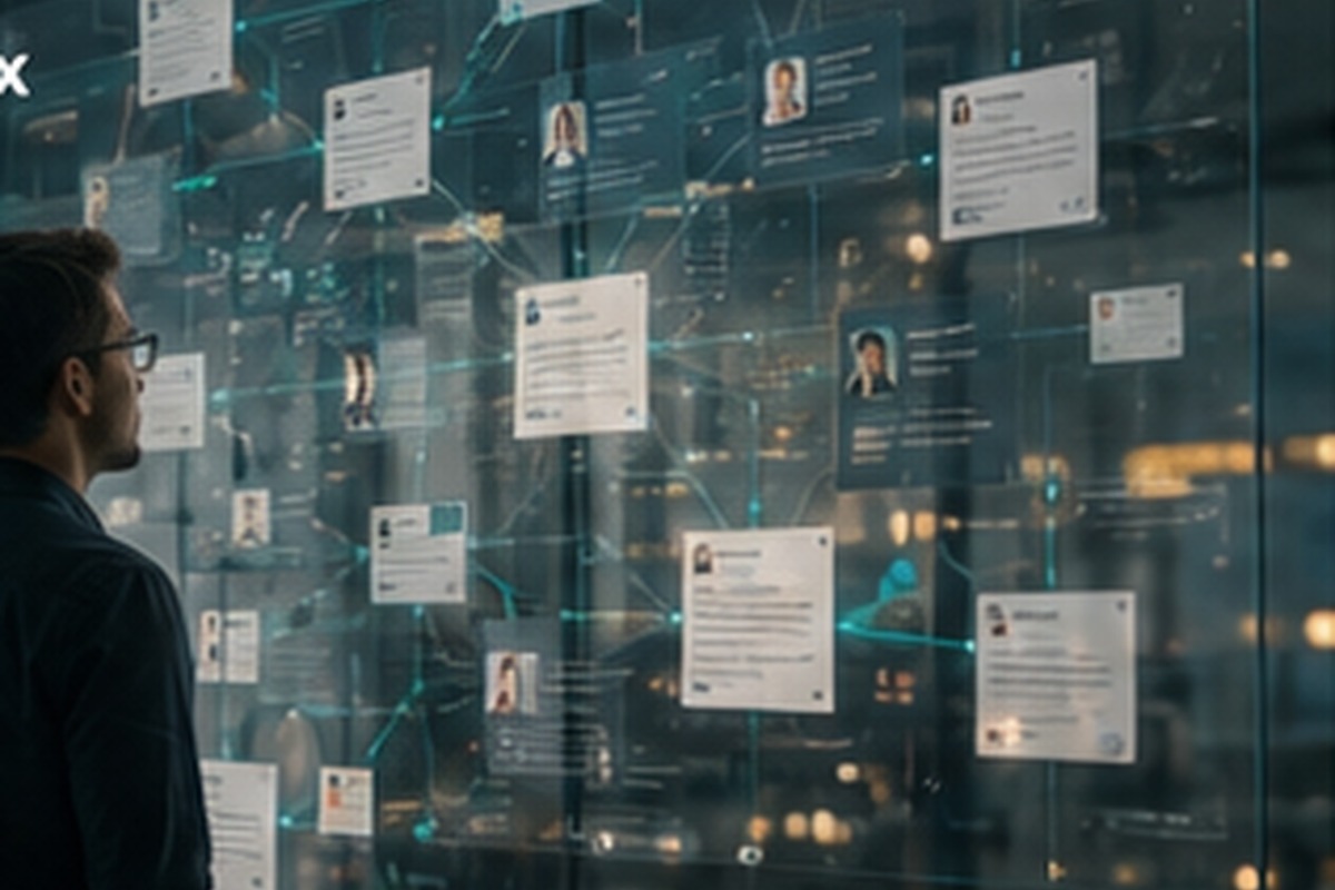 A professional observing a connected wall of career evidence as meaningful patterns begin to emerge.