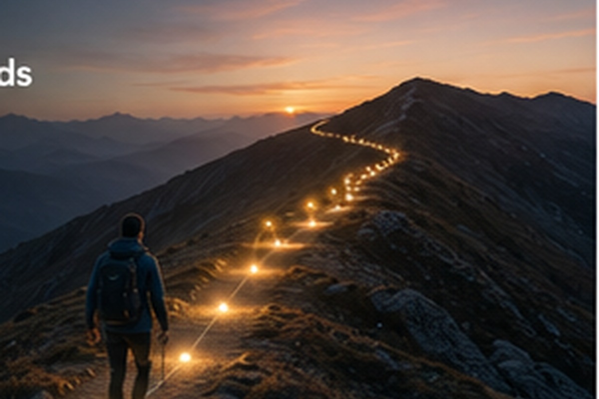 A glowing trail across a mountain ridge representing professional intelligence building through accumulated experience.