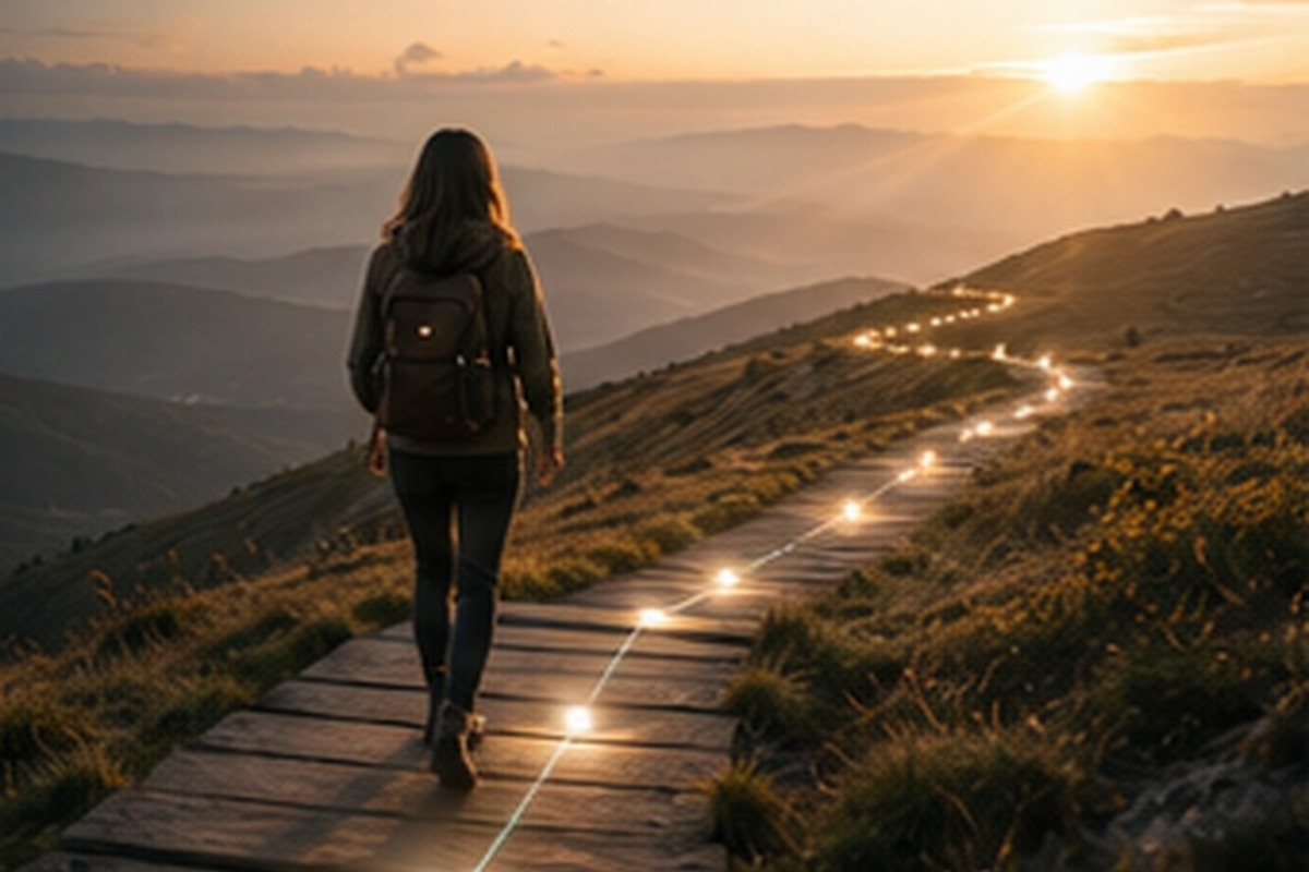 A professional walking along an illuminated mountain path that continues toward the horizon.