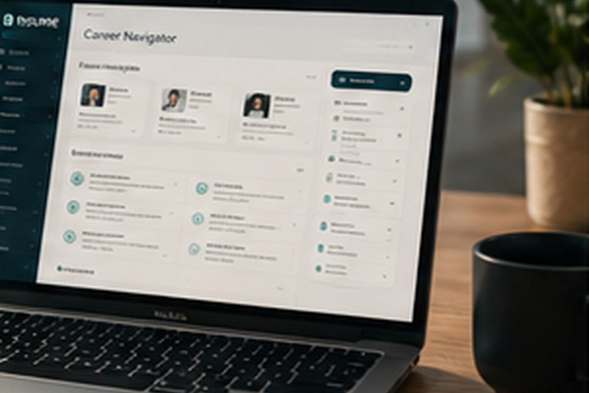 Career Navigator displayed on a laptop in a calm professional workspace.