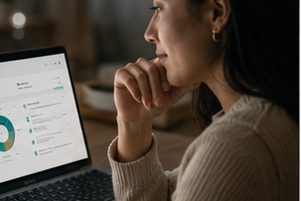 A professional thoughtfully reviewing their personal value insights on a laptop.