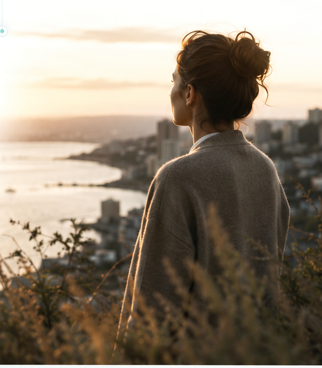 A professional quietly looking across a city at sunrise, considering the direction ahead.